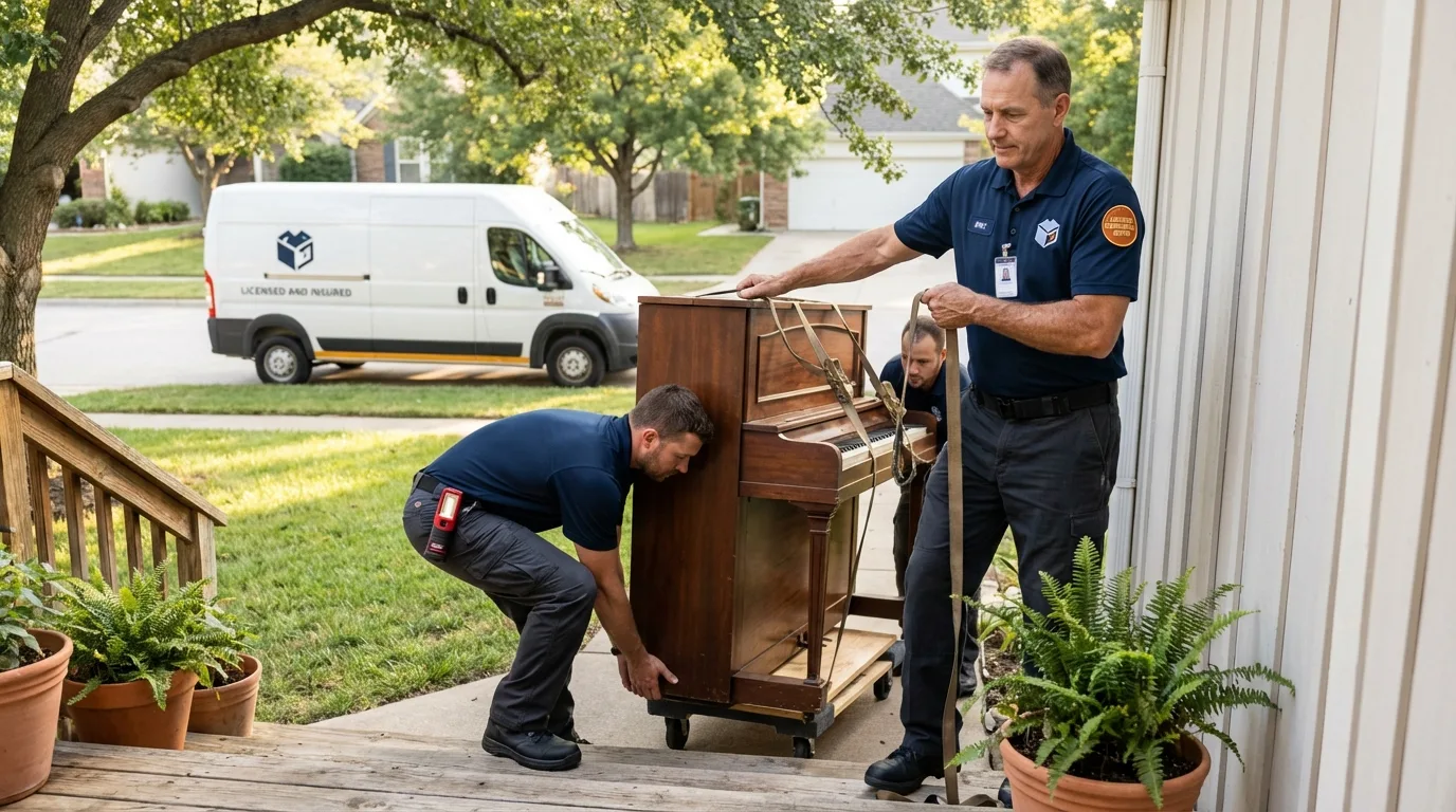 Licensed piano movers securing grand piano in Benton, MO