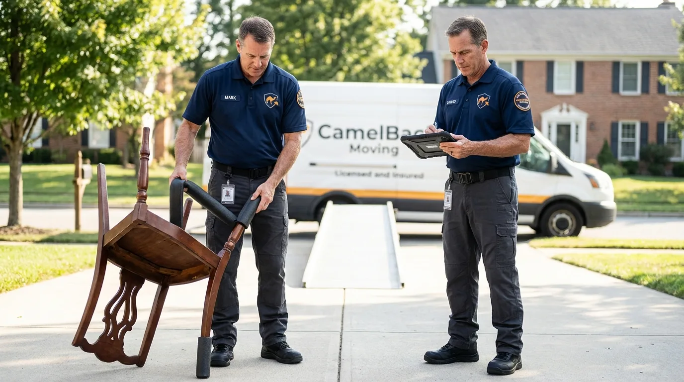 Movers inspecting furniture for damage prevention before loading in Benton, MO