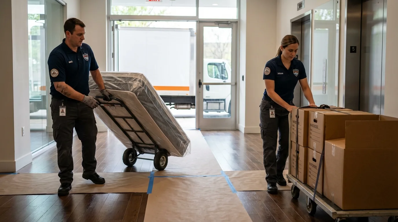 Professional apartment movers loading elevator in Benton, MO